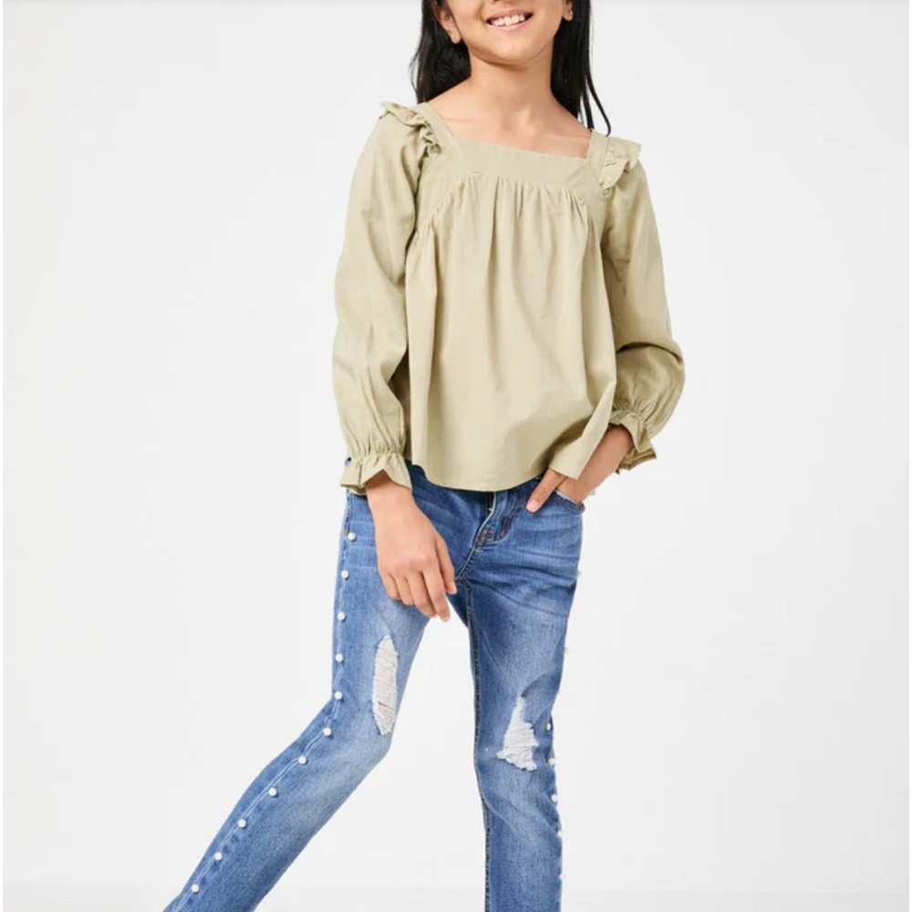 Hayden Girls - Girls Size XL (13/14) Olive Green LS Ruffled Shoulder Blouse